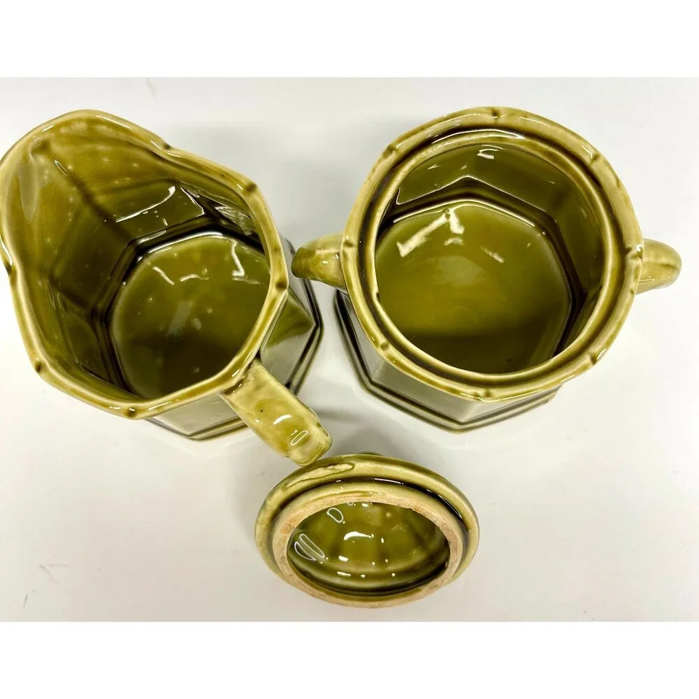 Vintage Stone Craft Royal Sealy Japan Green Tea Set 4 Pc Hexagonal-Olive Green